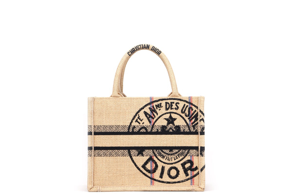 MEDIUM BOOK TOTE (50-MA-0232) PINK MULTICOLOR JUTE CANVAS DIOR UNION MOTIF EMBROIDERY, WITH CARD & DUST COVER