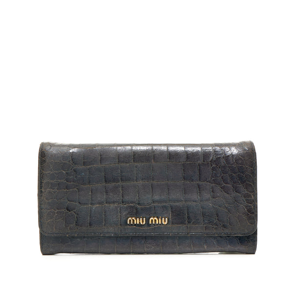 Logo Long Flap Wallet in Crocodile Embossed Calfskin, Gold Hardware