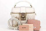 VANITY CASE WHITE LEATHER GOLD HARDWARE, WITH STRAP, CARD & DUST COVER