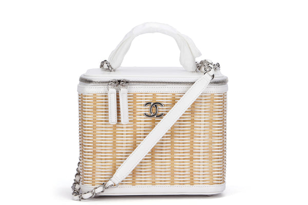VANITY CASE (2918xxxx) SMALL SIZE, WHITE LEATHER & RATTAN, SILVER HARDWARE, WITH CARD, DUST COVER & BOX