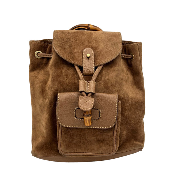 Bamboo Mini Backpack in Suede leather, Gold Hardware