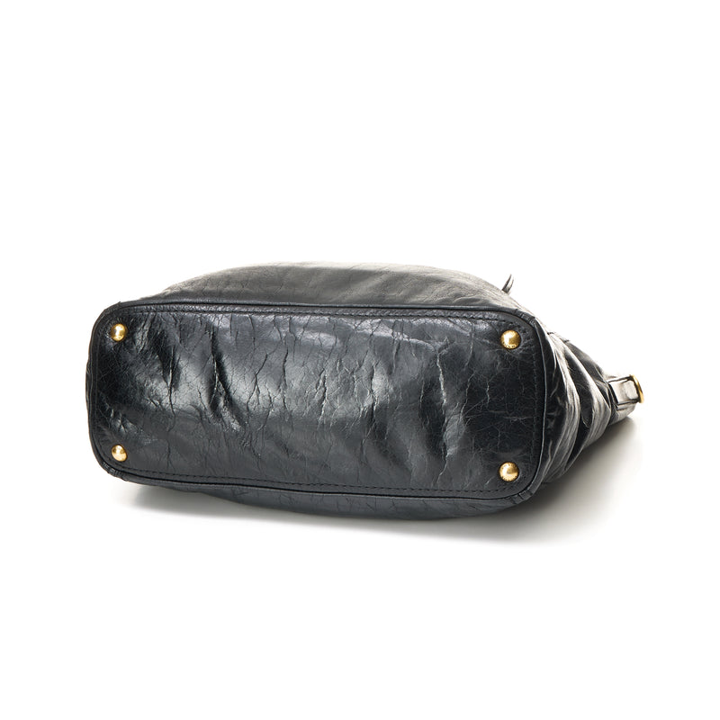 Logo Two-Way Top handle bag in Distressed leather, Gold Hardware