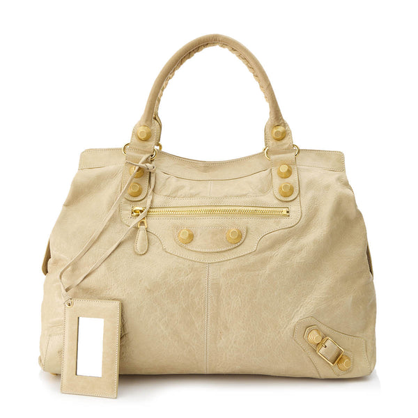 Mid day Giant 21 Top Handle Bag in Distressed Leather, Gold Hardware