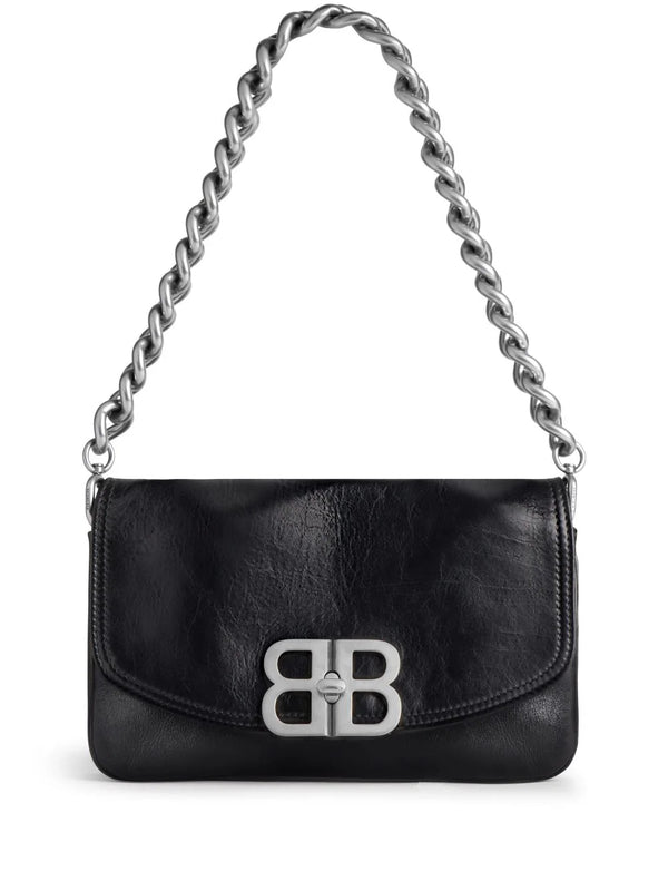 BB Logo Soft Leather Shoulder Bag, Silver Hardware
