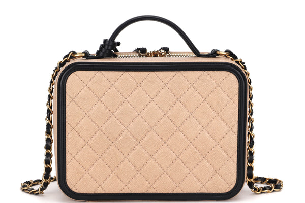 FILIGREE VANITY CASE (2805xxxx) LARGE BEIGE & BLACK CAVIAR LEATHER, WITH CARD, LOCK, KEY & DUST COVER