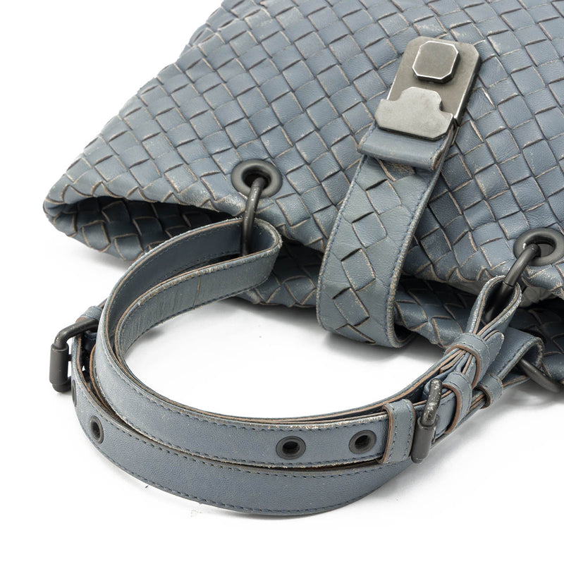 Roma Small Top Handle Bag in Intrecciato Leather, Ruthenium Hardware