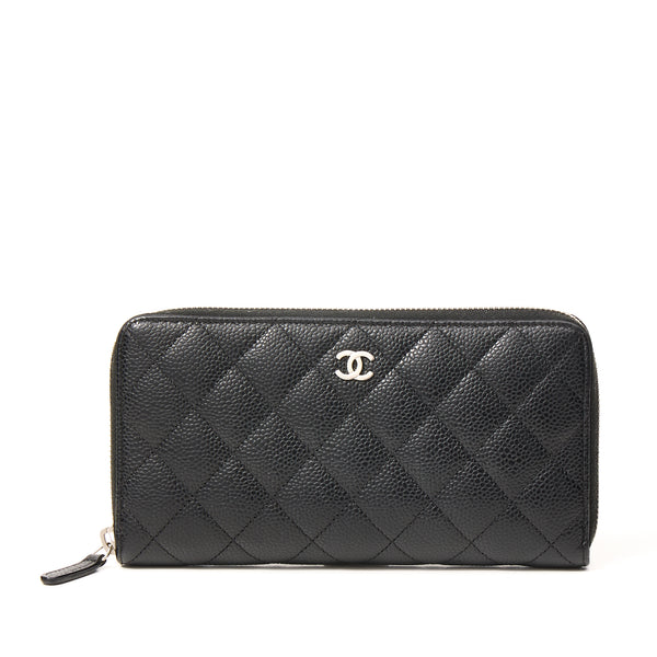 Classic Long Zip Wallet in Caviar Leather, Silver Hardware