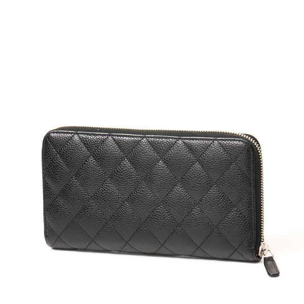 Classic Long Zip Wallet in Caviar Leather, Silver Hardware