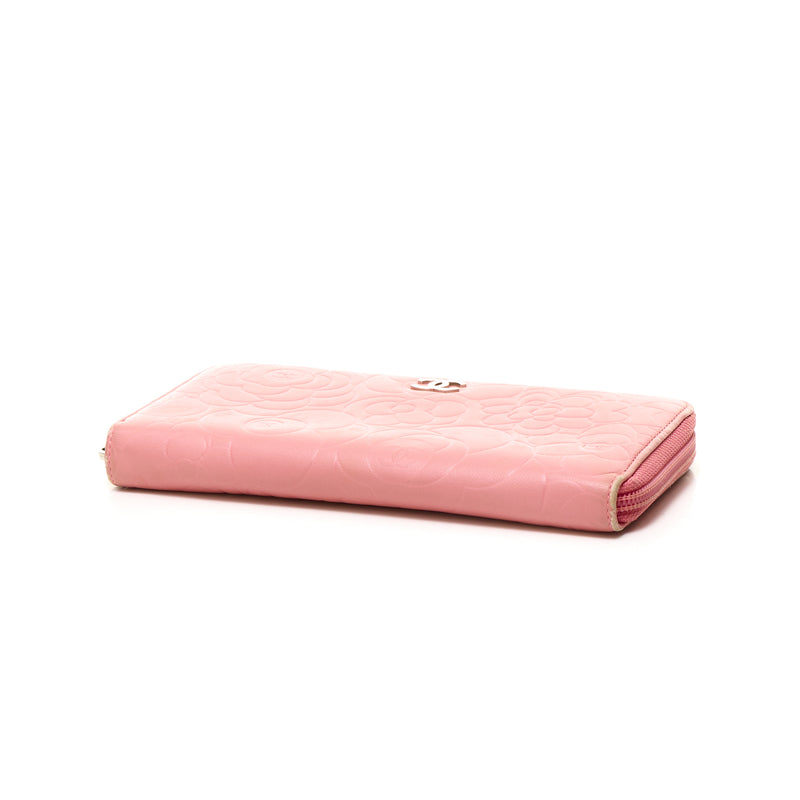 CHANEL Lambskin Camellia Embossed Wallet On Chain WOC Pink 708403