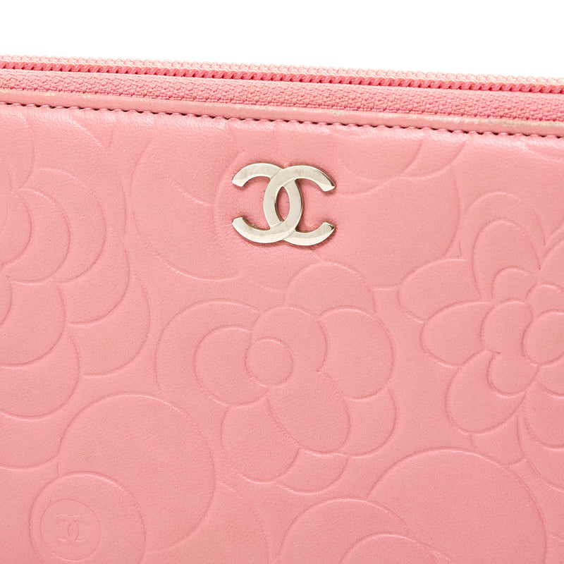 Chanel Pink/Metallic Silver Leather Camellia Wallet on Chain