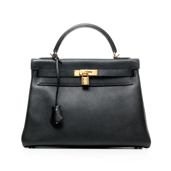 Kelly 32 Top handle bag in Clemence Taurillon leather, Gold Hardware