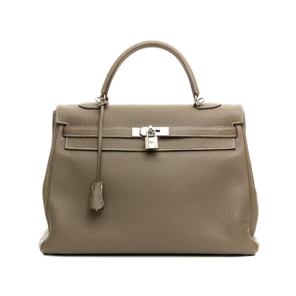 Kelly 32 Top handle bag in Clemence Taurillon leather, Silver Hardware