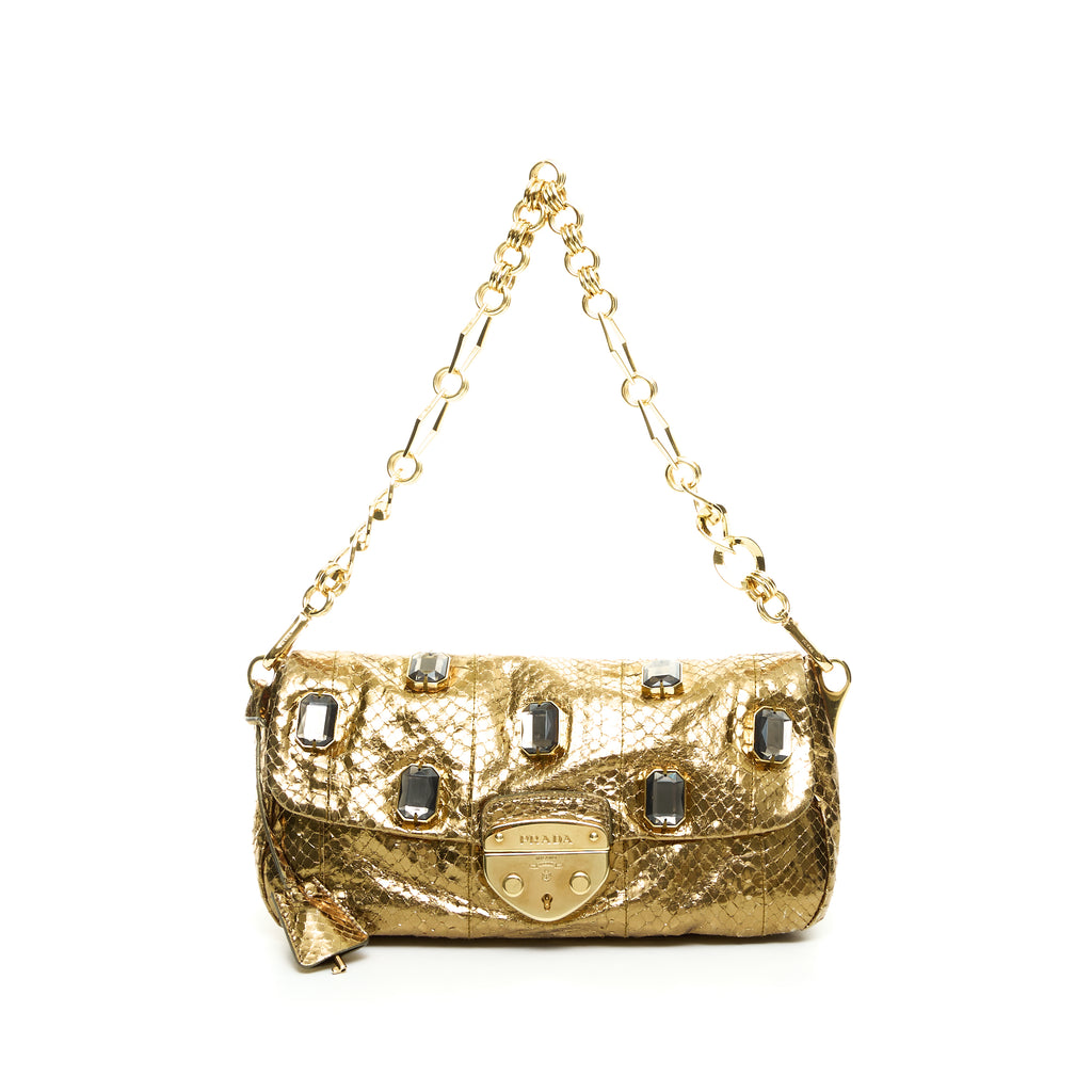 Prada Gold Metallic Snakeskin Jeweled Chain Clutch Bag BP0250 - Yoogi's  Closet