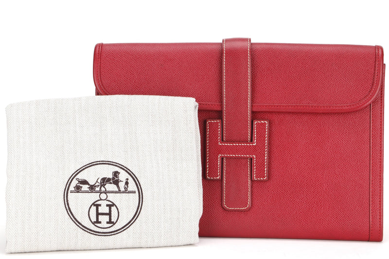 HERMES JEGE CLUTCH (NO STAMP) GRAIN COURCHEVEL RED LEATHER, WITH DUST COVER