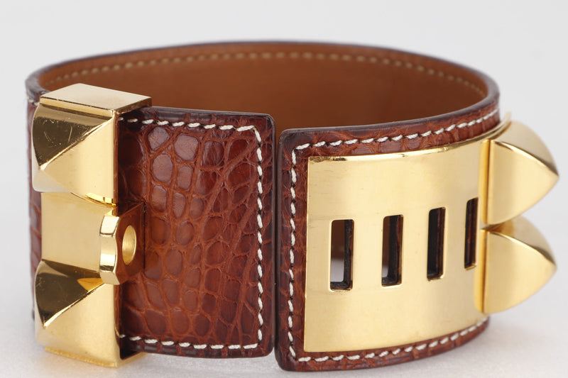 (EXOTIC) HERMES COLLIER DE CHIEN [STAMP P SQUARE (2012)] S FAUVE MATTE ALLIGATOR GOLD HARDWARE, WITH DUST COVER & BOX
