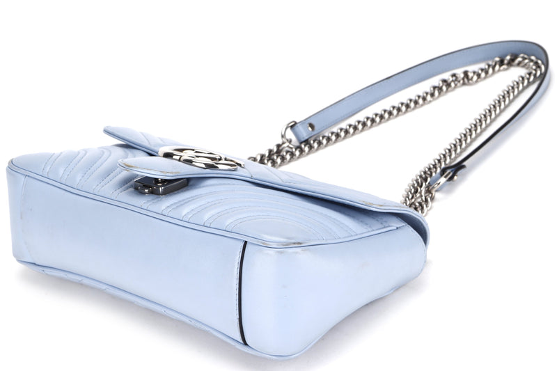 GG MARMONT 443497 493075 MATELASSE SMALL BLUE LEATHER SILVER HARDWARE, WITH DUST COVER & BOX