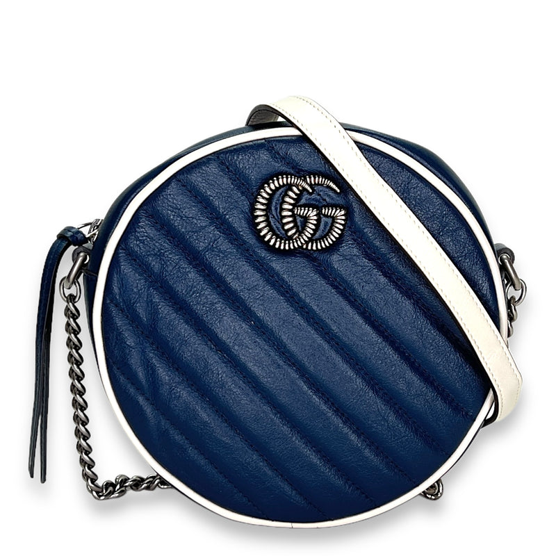 GG Marmont Round Navy Crossbody Bag in Calfskin, Silver hardware