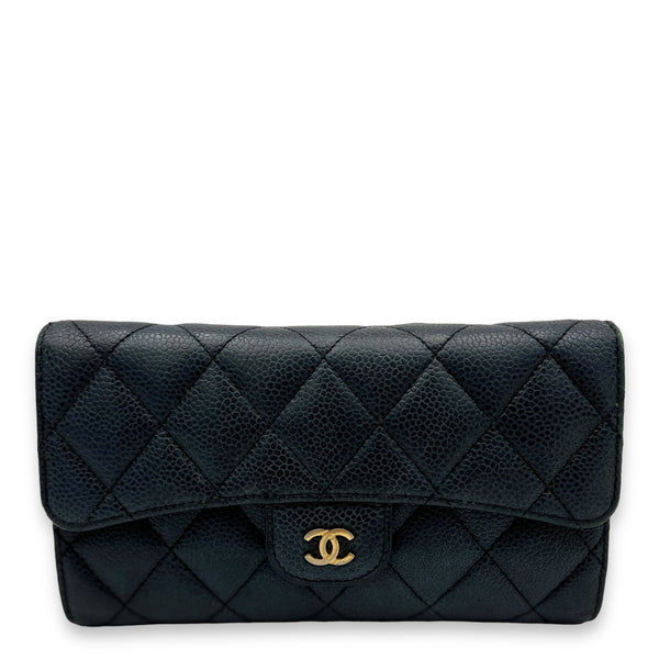 Classic Flap Long Black Wallet in Caviar Leather, Gold hardware