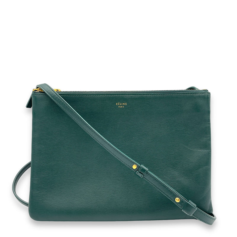 Trio Large Green Crossbody Bag in Calfskin, Gold hardware