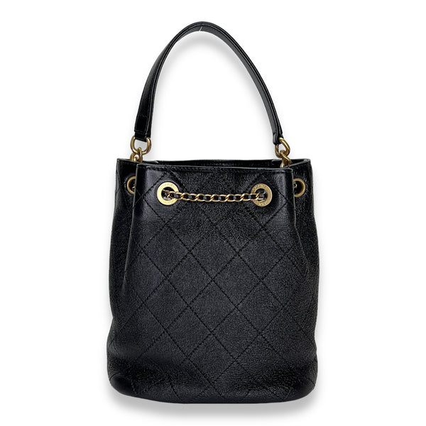 Quilted Drawstring Black Bucket Bag in Calfskin, Gold hardware