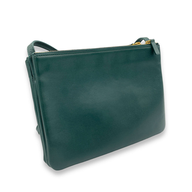 Trio Large Green Crossbody Bag in Calfskin, Gold hardware