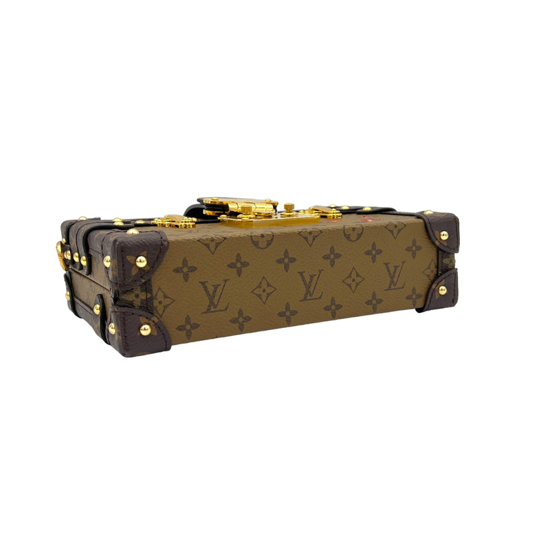 Petite Malle Brown Crossbody Bag in Monogram Coated Canvas, Gold hardware