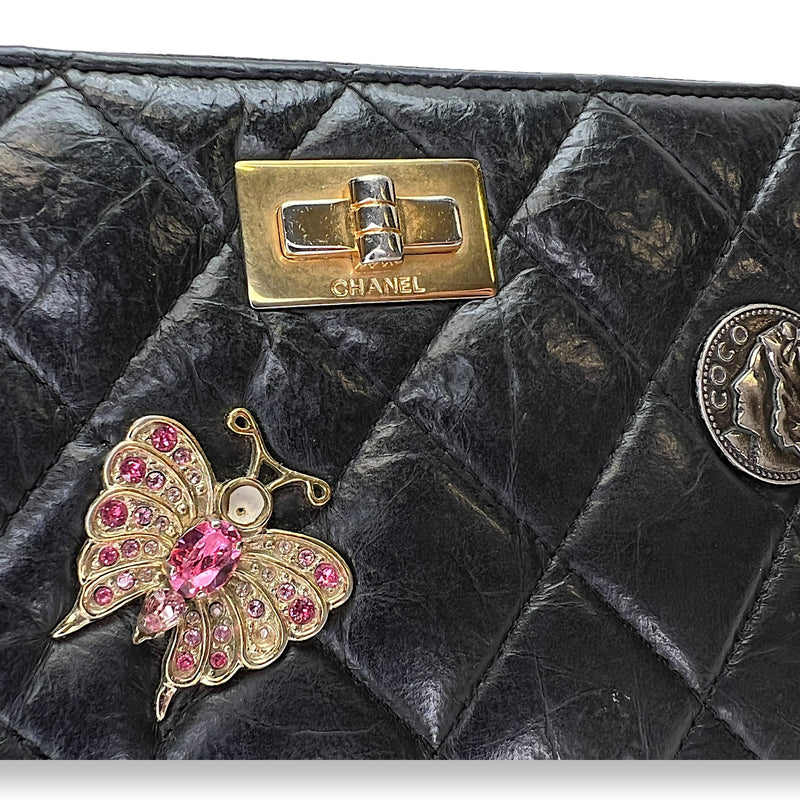 Embellished Long Black Wallet in Distressed Leather, Gold hardware