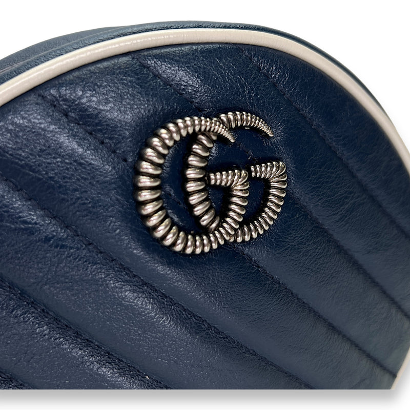 GG Marmont Round Navy Crossbody Bag in Calfskin, Silver hardware