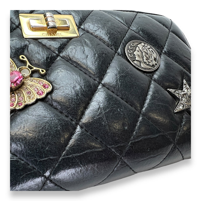 Embellished Long Black Wallet in Distressed Leather, Gold hardware