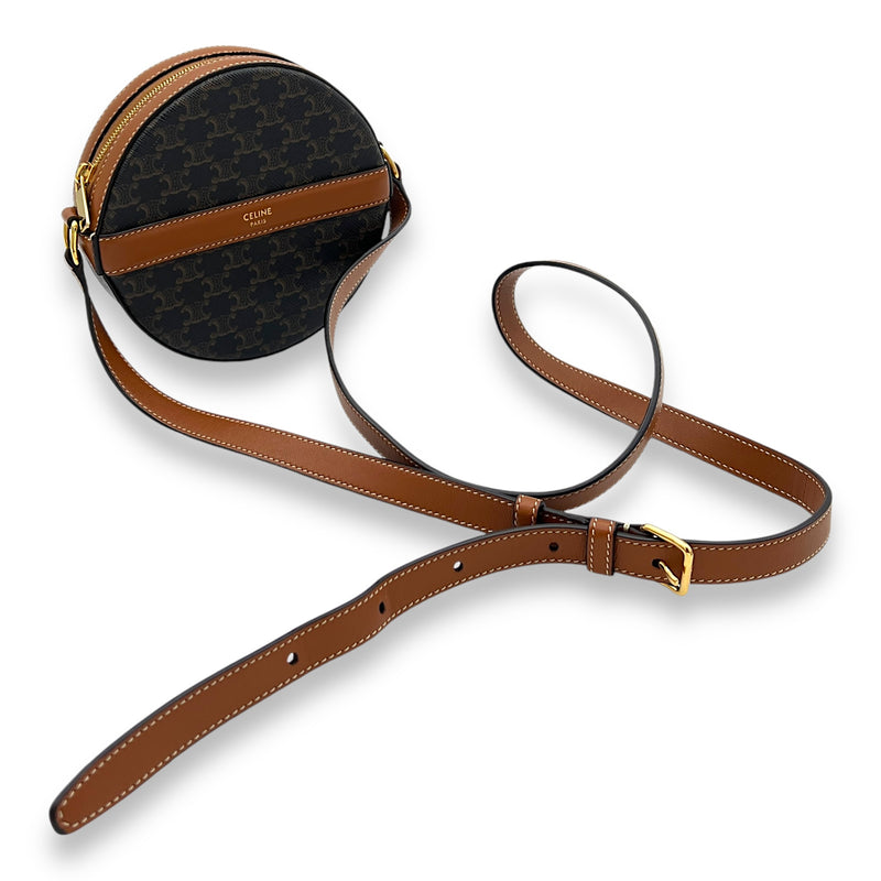 Triomphe Round Brown Crossbody Bag in Coated Canvas, Gold hardware