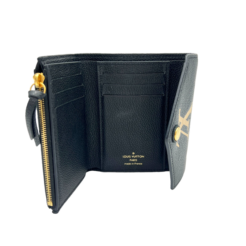 Victorine Compact Black Wallet in Monogram Empreinte Leather, Gold hardware