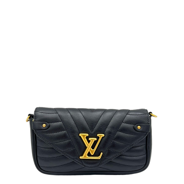 New Wave Black Crossbody Bag in Calfskin, Gold hardware