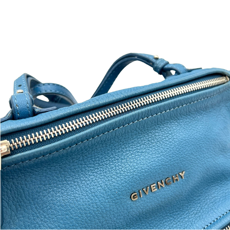 Pandora Mini Blue Crossbody Bag in Calfskin, Silver hardware