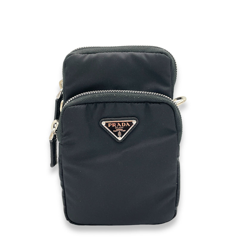 Phone Black Crossbody Bag in Re-Nylon, Silver hardware