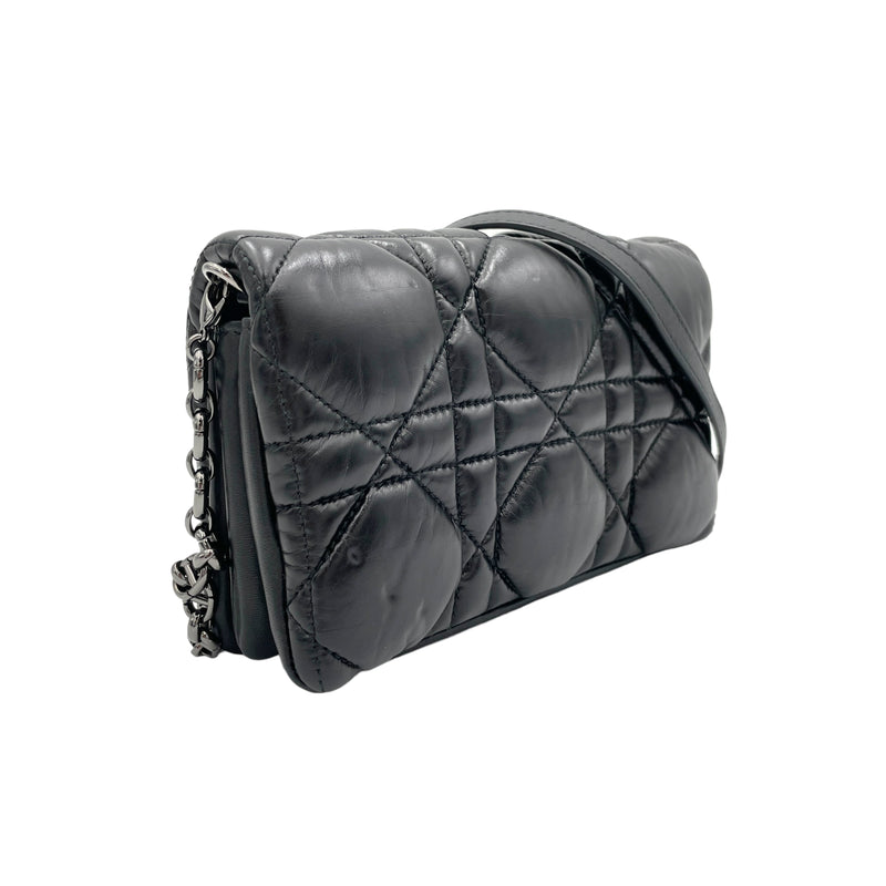 Caro Macrocannage Mini Black Crossbody Bag in Calfskin, Silver hardware