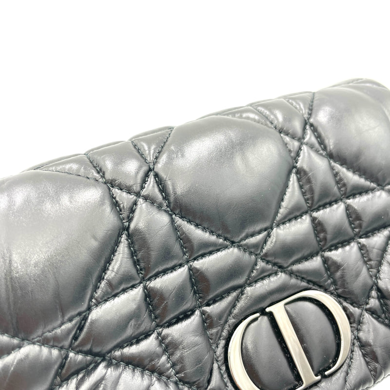 Caro Macrocannage Mini Black Crossbody Bag in Calfskin, Silver hardware