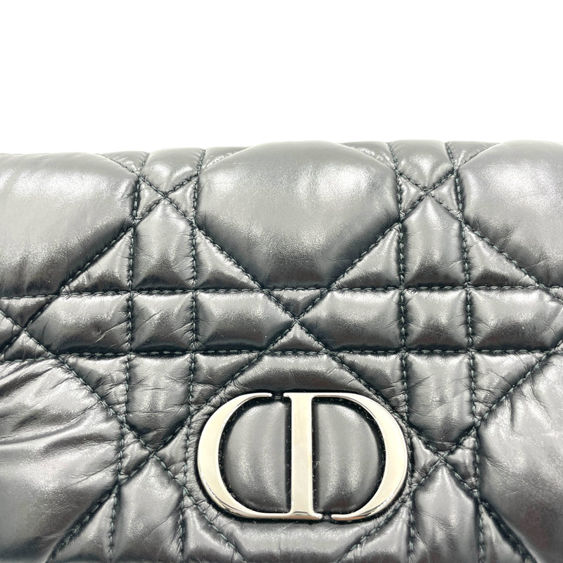 Caro Macrocannage Mini Black Crossbody Bag in Calfskin, Silver hardware