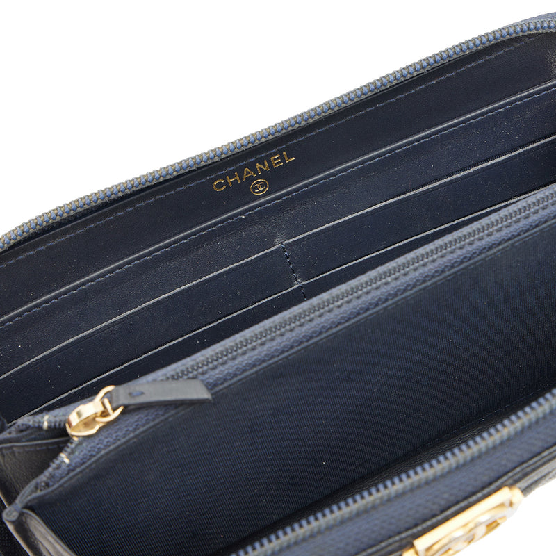Boy Long Zip Wallet in Caviar Leather, Brushed Gold Hardware