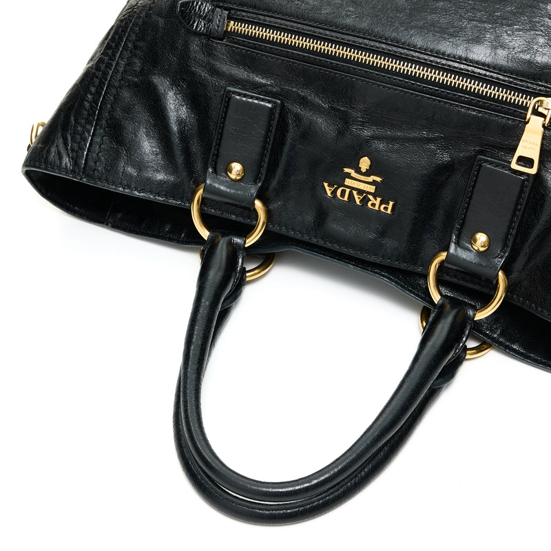 Front Zip Vitello Shine Top handle bag in Distressed leather, Gold Hardware