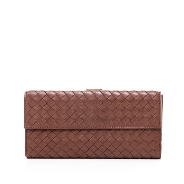 Fold Long Wallet in Intrecciato Leather, Ruthenium Hardware