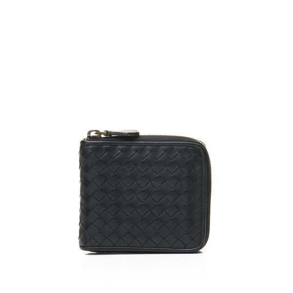 Zip Compact Wallet in Intrecciato leather, Brushed Silver Hardware