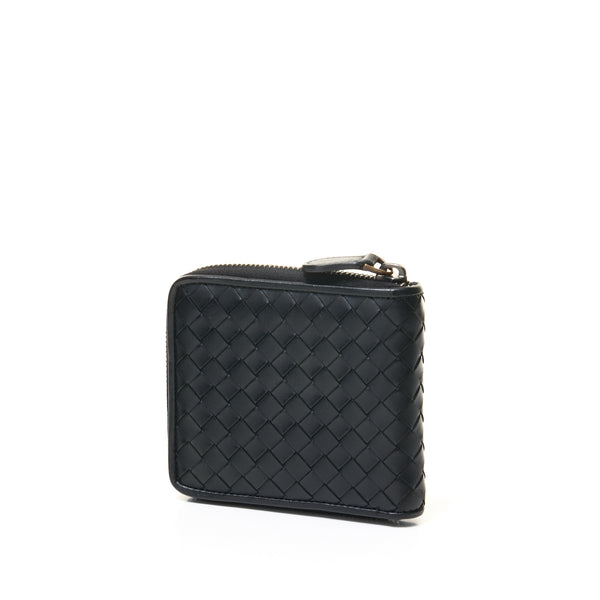 Zip Compact Wallet in Intrecciato leather, Brushed Silver Hardware
