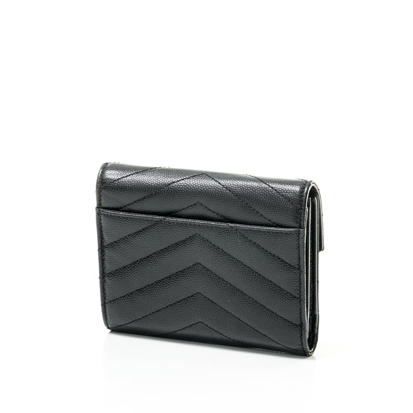 Cassandre Compact Trifold Wallet in Caviar Leather, Silver Hardware