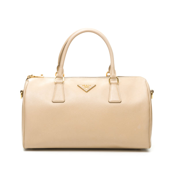 Logo Plaque Two-Way Duffle Top handle bag in Saffiano leather, Gold Hardware