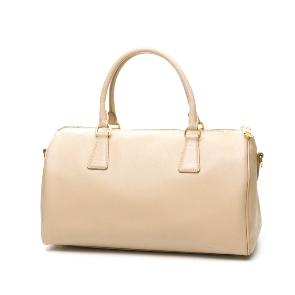 Logo Plaque Two-Way Duffle Top handle bag in Saffiano leather, Gold Hardware