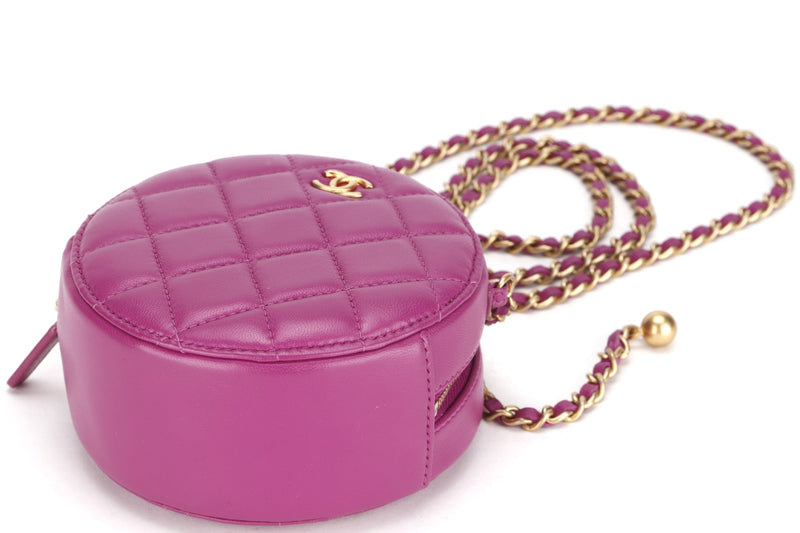 PEARL CRUSH ROUND CLUTCH WITH CHAIN (3086xxxx) PURPLE LAMBSKIN GOLD HARDWARE, WITH CARD, DUST COVER & BOX