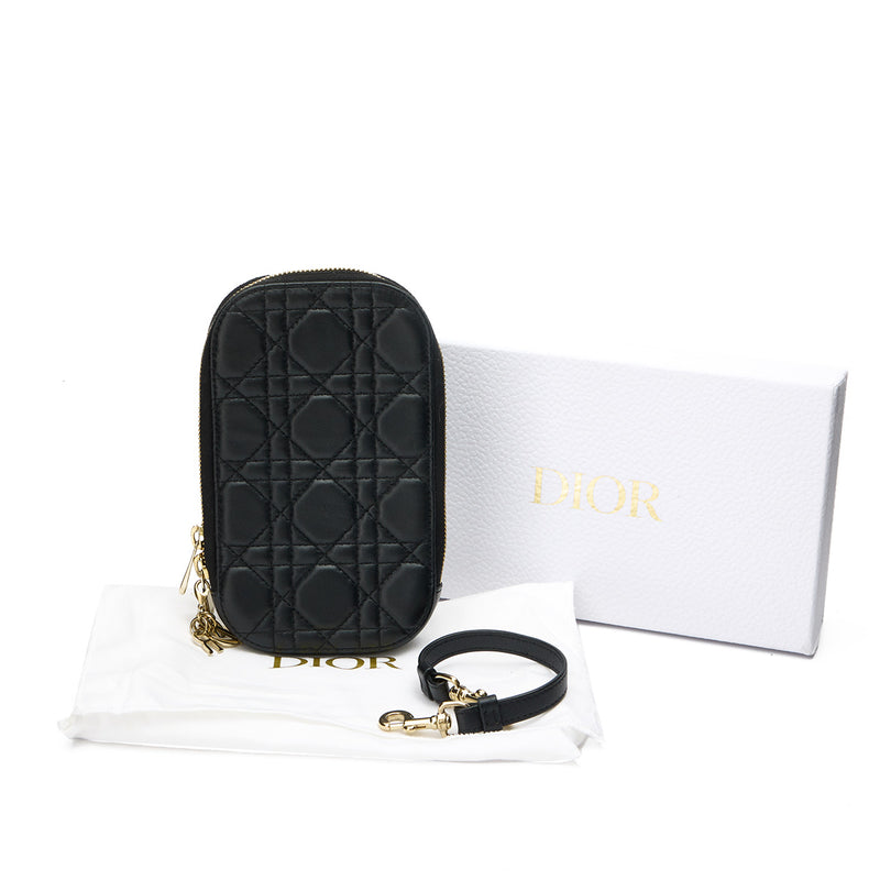 Lady Dior Phone Wallet on chain in Lambskin, Gold Hardware