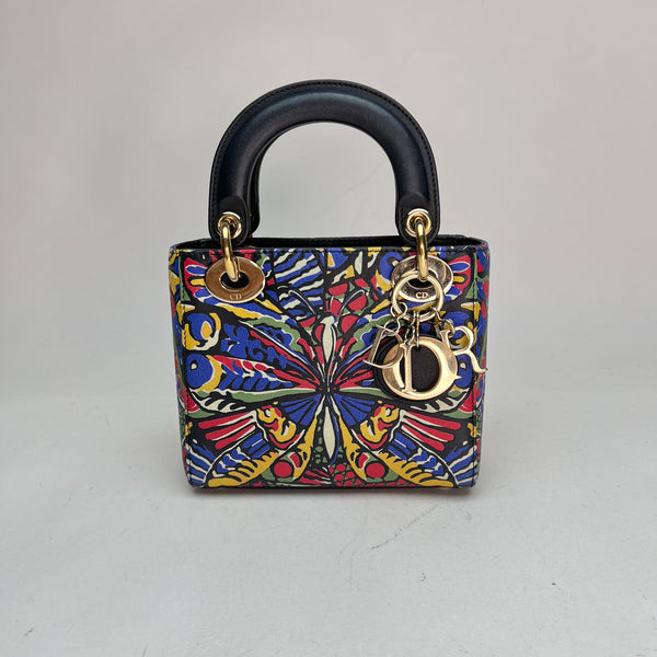 Butterfly Print Lady Dior mini Top handle bag in Calfskin, Gold Hardware