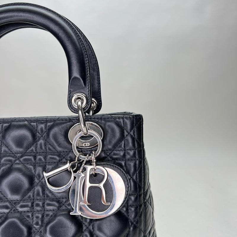Lady Dior Medium Top handle bag in Lambskin, Silver Hardware