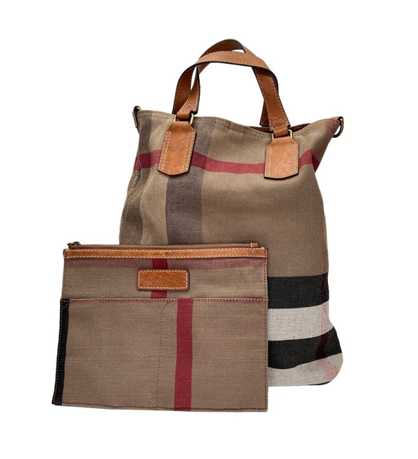 House Check Tote bag in Canvas, Antique Brass Hardware